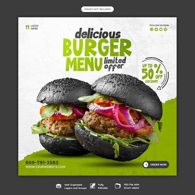 Free PSD delicious burger and food menu social media banner template