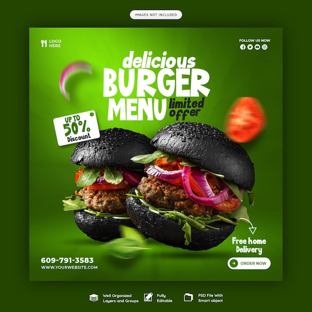 Free PSD delicious burger and food menu social media banner template