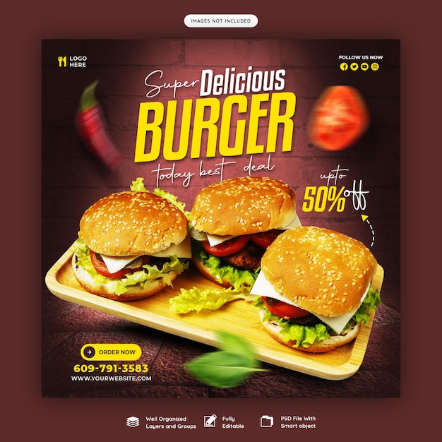 Free PSD delicious burger and food menu social media banner template