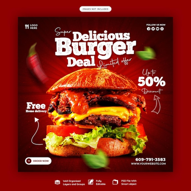 Delicious burger and food menu social media banner template