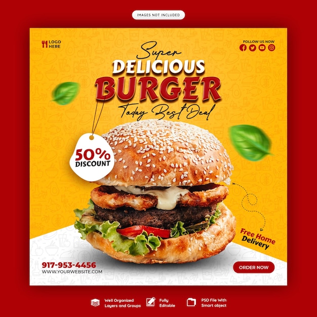 Free PSD delicious burger and food menu social media banner template