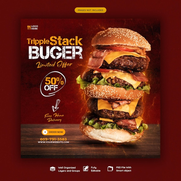 Delicious burger and food menu social media banner template