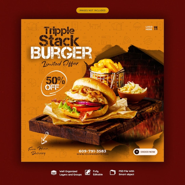 Free PSD delicious burger and food menu social media banner template