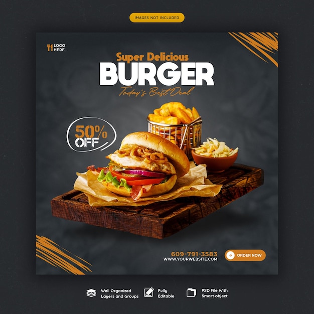 Free PSD delicious burger and food menu social media banner template