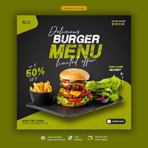 Delicious burger and food menu social media banner template