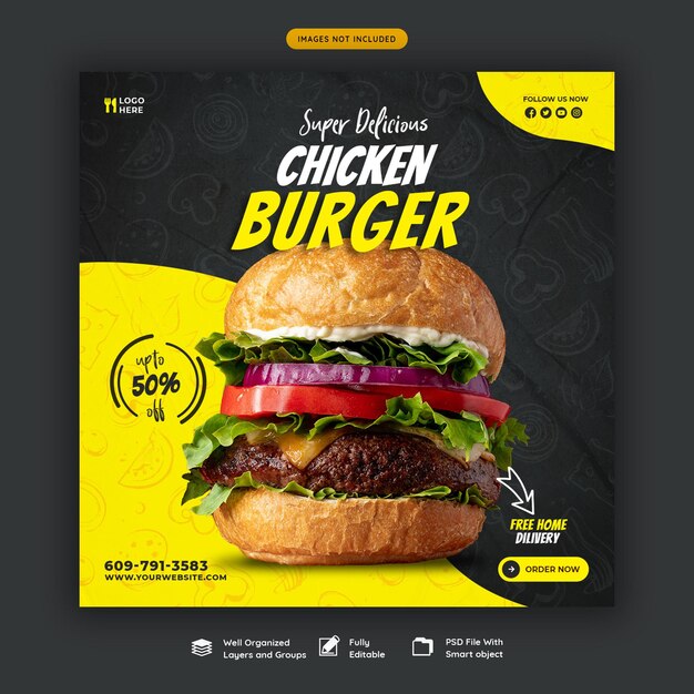 Delicious burger and food menu social media banner template