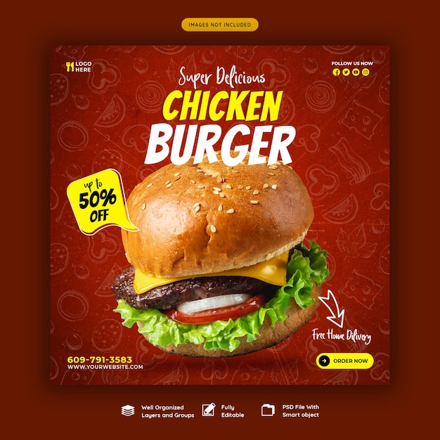 Delicious burger and food menu social media banner template