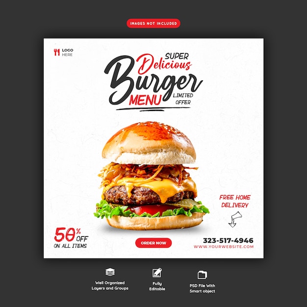 Free PSD delicious burger and food menu social media banner template