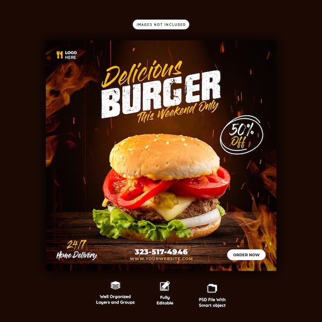 Delicious burger and food menu social media banner template