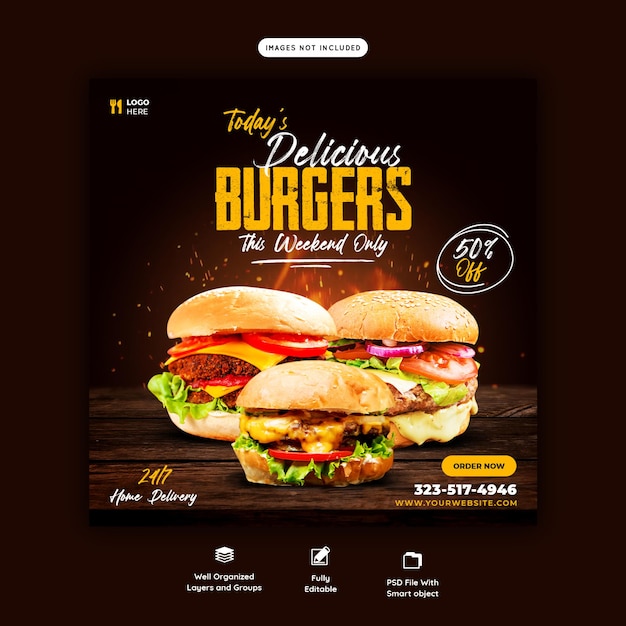 Delicious burger and food menu social media banner template