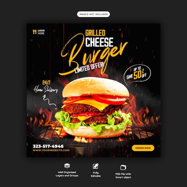 Delicious burger and food menu social media banner template