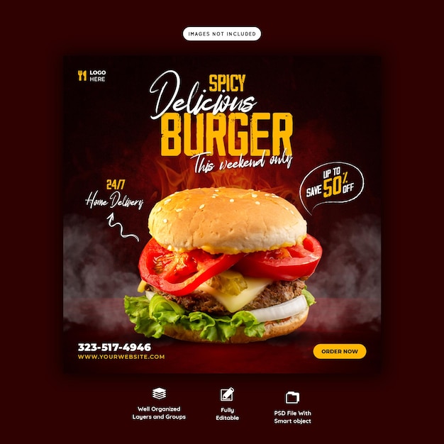 Delicious burger and food menu social media banner template