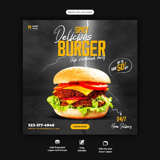 Delicious burger and food menu social media banner template