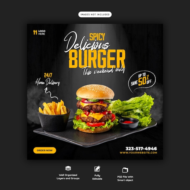 Free PSD delicious burger and food menu social media banner template