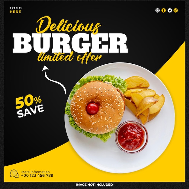 Free PSD delicious burger and food menu social media banner template