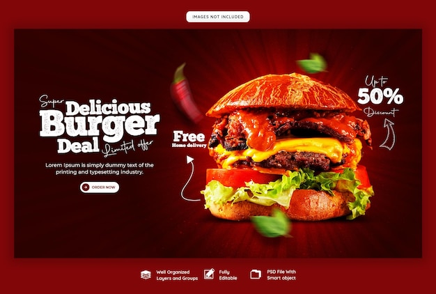 Delicious burger and food menu web banner template