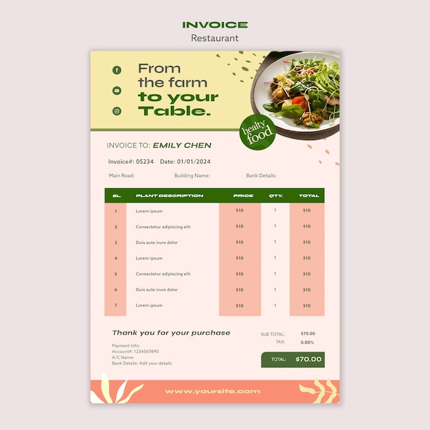 Free PSD delicious food restaurant invoice template