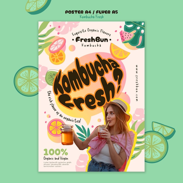 Free PSD delicious kombucha poster template