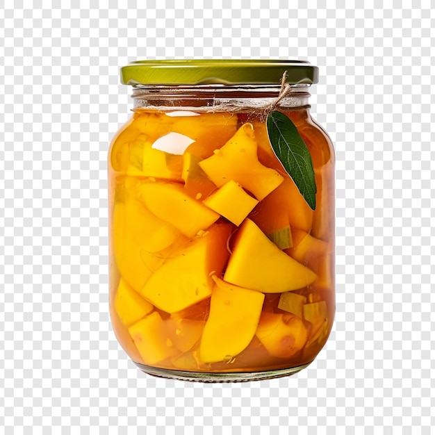 Delicious mango pickle in glass jar isolated on transparent background