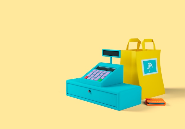 Delivery 3d illustration with cash register and shopping bag