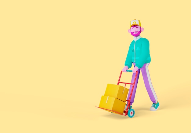 Free PSD delivery 3d illustration with delivery man and trolley