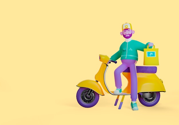 Delivery 3d illustration with man on scooter holding bag