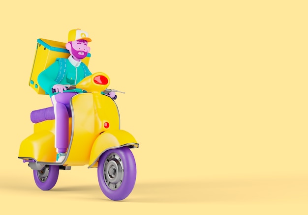 Delivery 3d illustration with man on scooter with backpack