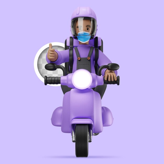 Free PSD delivery character on scooter with thumb up 3d illustration