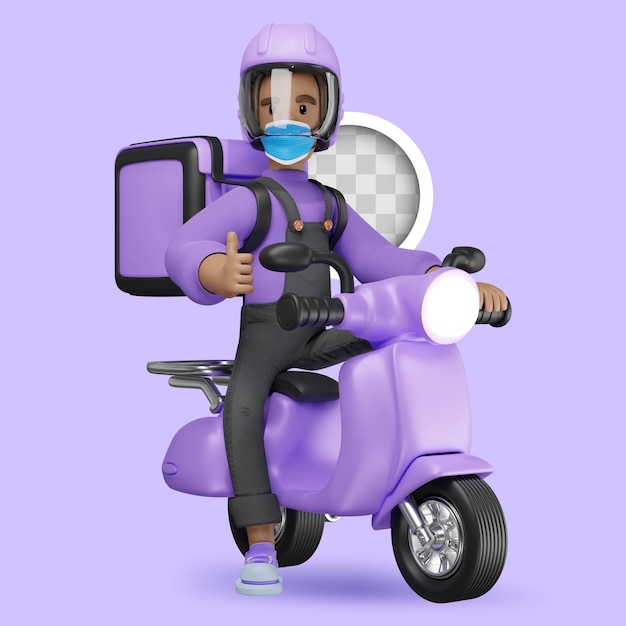 Free PSD delivery character on scooter with thumb up 3d illustration