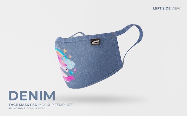 Free PSD denim face mask mockup with unicorn design