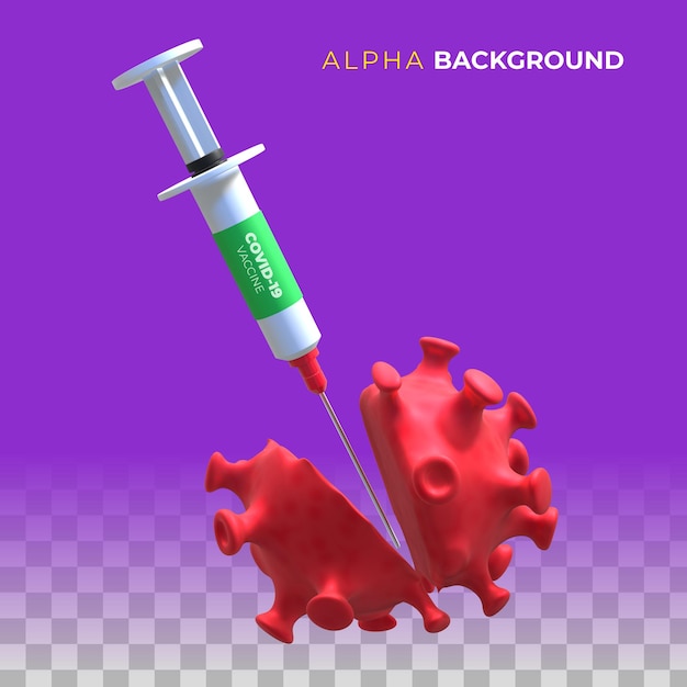 Free PSD destroying coronavirus with the vaccine. 3d illustration