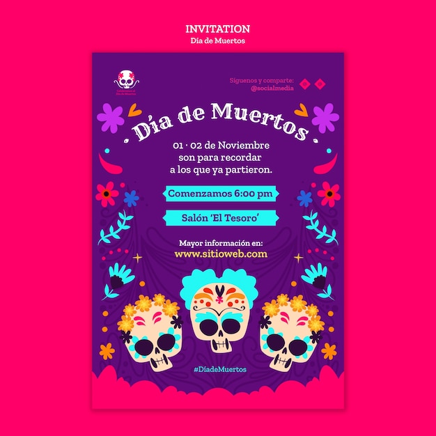 Free PSD dia de muertos celebration invitation template