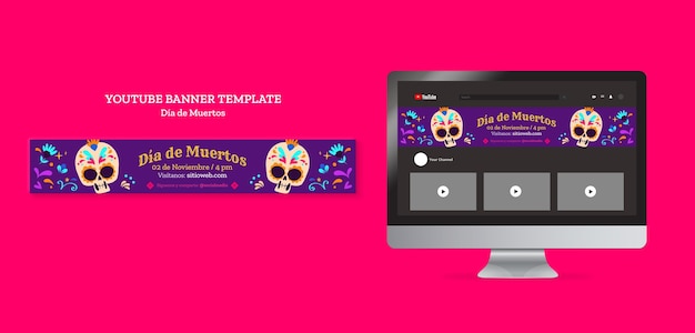 Free PSD dia de muertos celebration youtube banner template