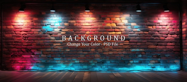 Free PSD digital composite of red and blue neon lights against brick wall with wooden floor