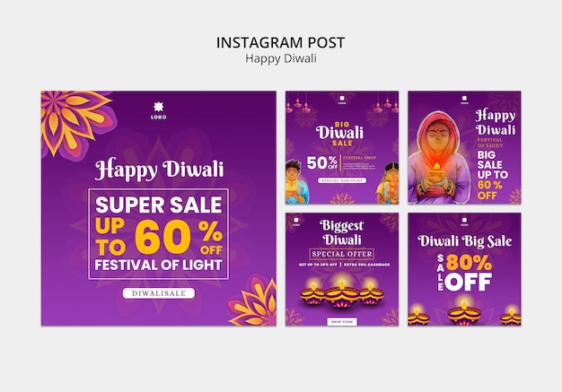 Diwali instagram posts collection with mandala design