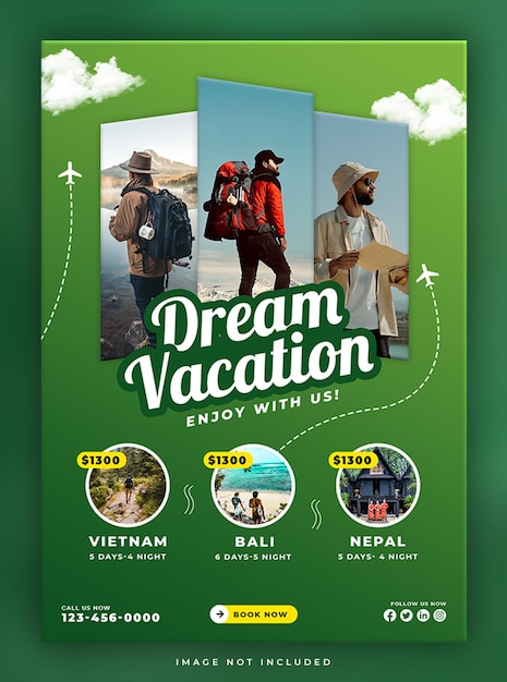 Free PSD dream vacation tour and travel adventure flyer template