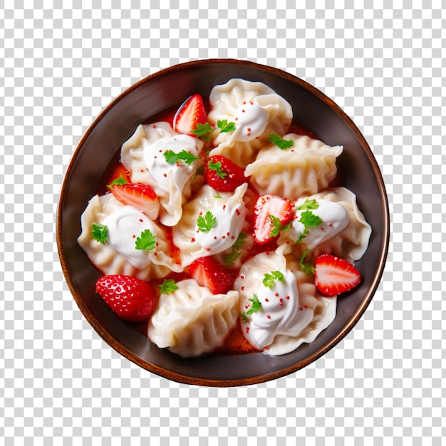 Free PSD dumplings ravioli with ice cream and strawberry on a black plate