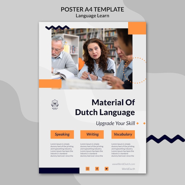 Free PSD dutch language learning classes vertical poster template with dots design