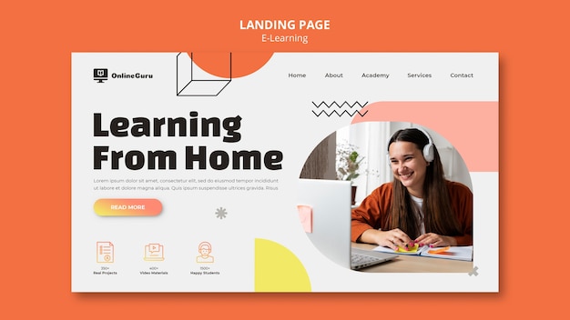 E-learning landing page template with geometric shapes