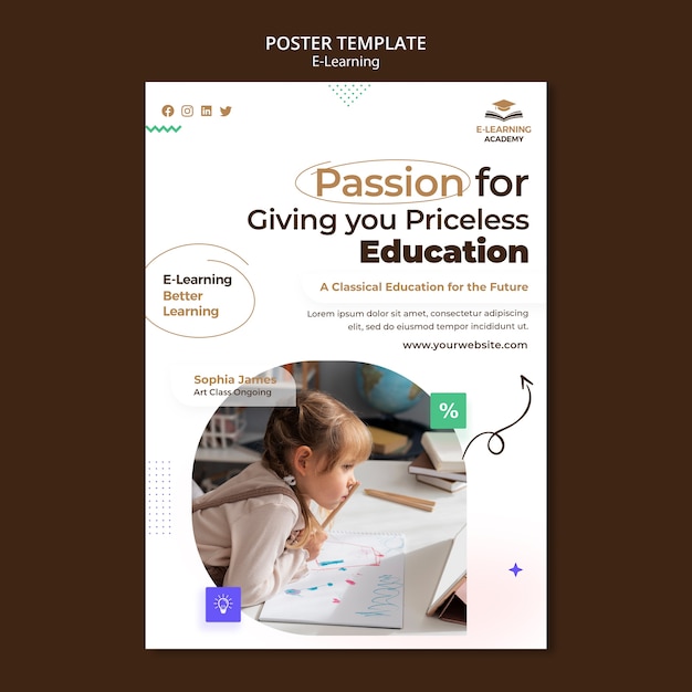 Free PSD e-learning and online distance classes vertical poster template