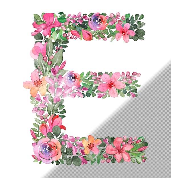 E letter in uppercase made of soft handdrawn flowers and leaves