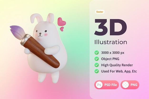 Easter 3d illustration, bunny with paint brush