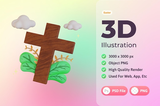 Free PSD easter 3d illustration, cross with plants