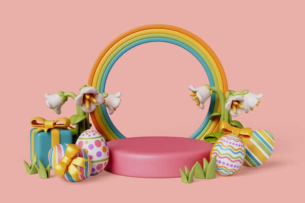 Free PSD easter sales podium background with rainbow and easter eggs