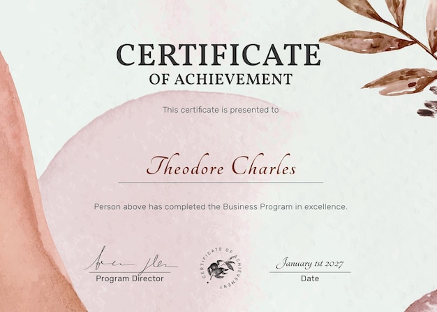 Free PSD editable certificate template psd in feminine botanical design