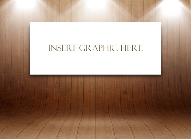 Free PSD editable mock up  with blank canvas in curved wooden room display