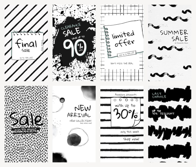 Editable story template psd set for social media with ink brush patterns for shop sale and new arrival