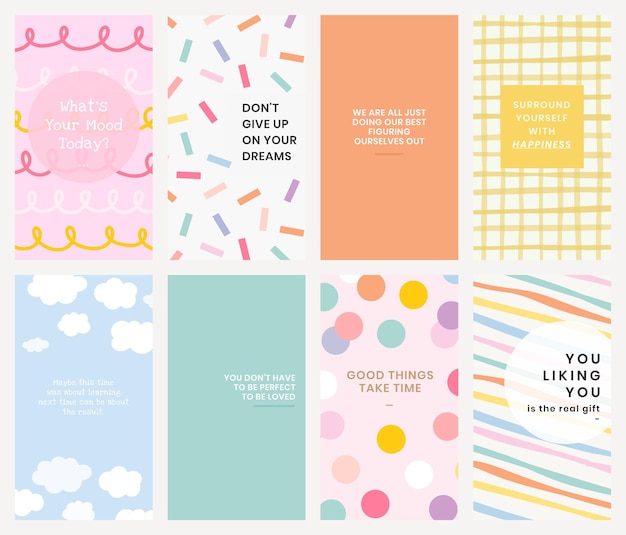 Editable template psd set for social media story in various art styles with inspirational texts