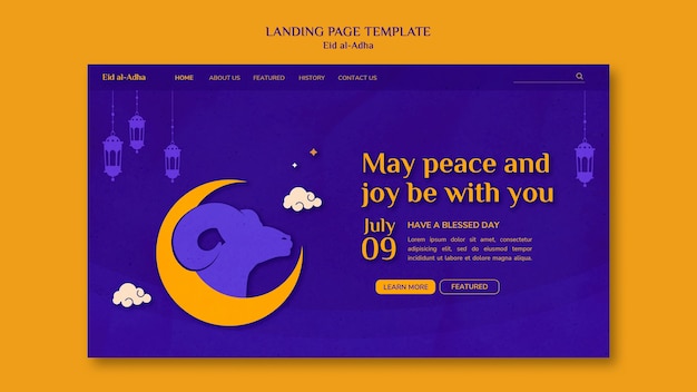 Free PSD eid al-adha landing page template with ram and crescent moon