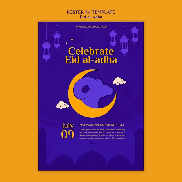 Eid al-adha vertical poster template with crescent moon and ram